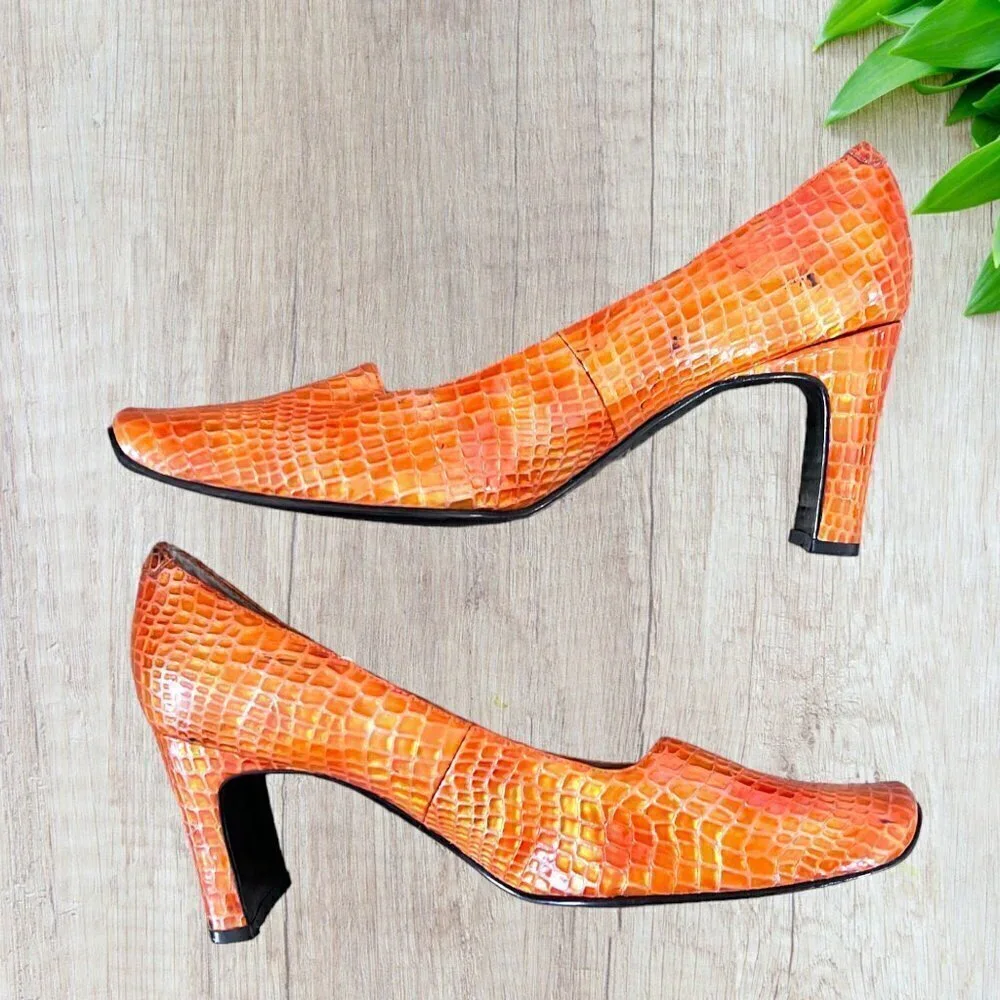 BELLINI Vintage 90s Orange Embossed Croc Print Square Toe Heels Womens 7.5